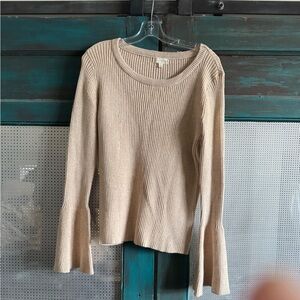Beige Ribbed Bell Sleeve Sweater